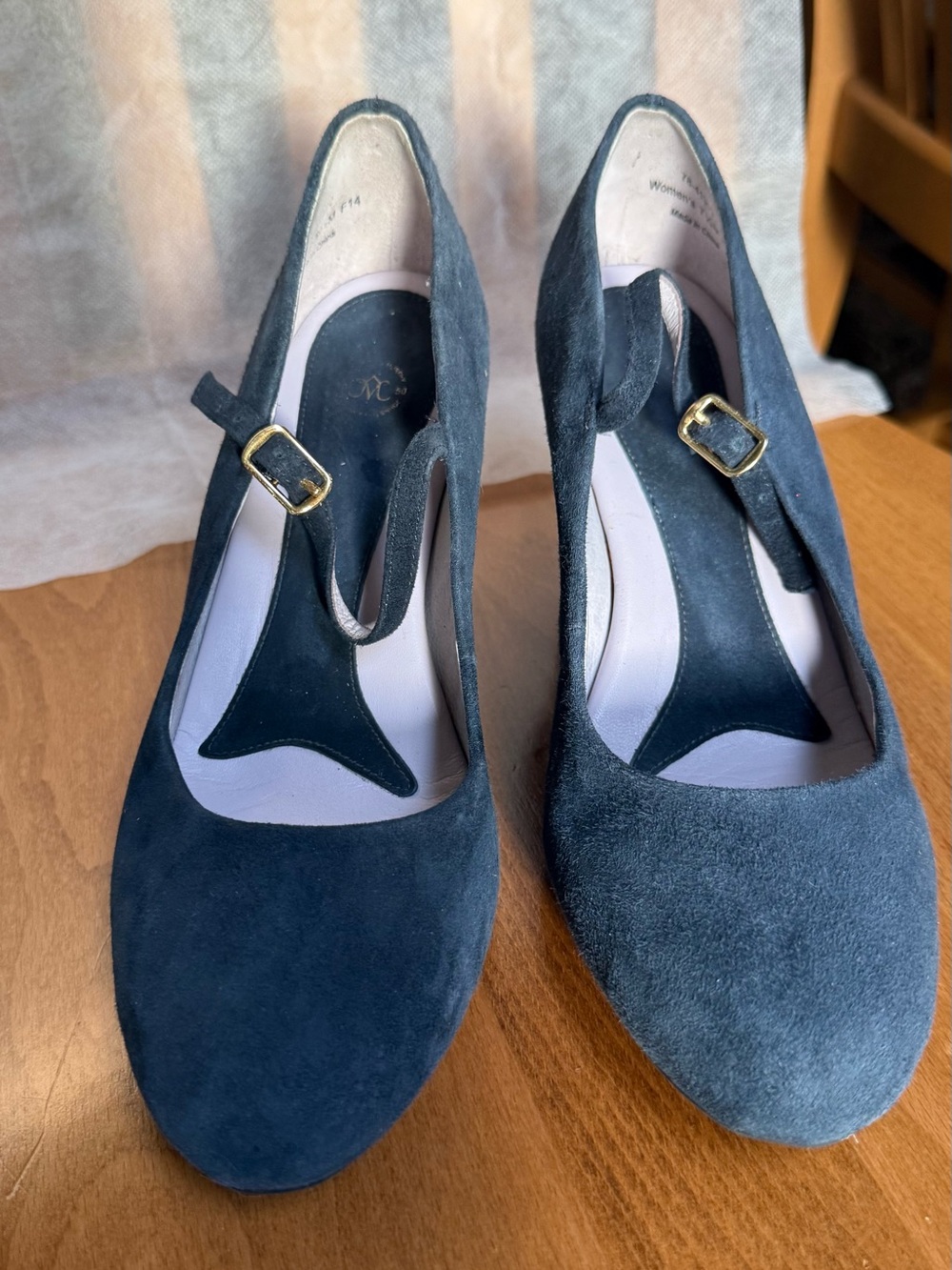 Johnston & Murphy Navy Suede Mary Jane Heels with Gold Buckle